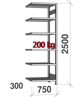 Extension bay 2500x750x300 200kg/shelf,6 shelves