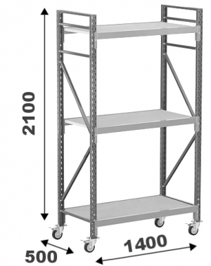 Wide Span Shelving with wheels 2100x1400x500, 3 levels with chipboard MAXI