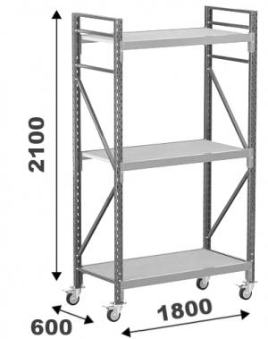 Wide Span Shelving with wheels 2100x1800x600, 3 levels with chipboard MAXI