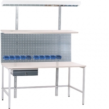 Worktable set 1500x800 with Shelf, Perfo panel, 10 bins, Drawer, Lighting
